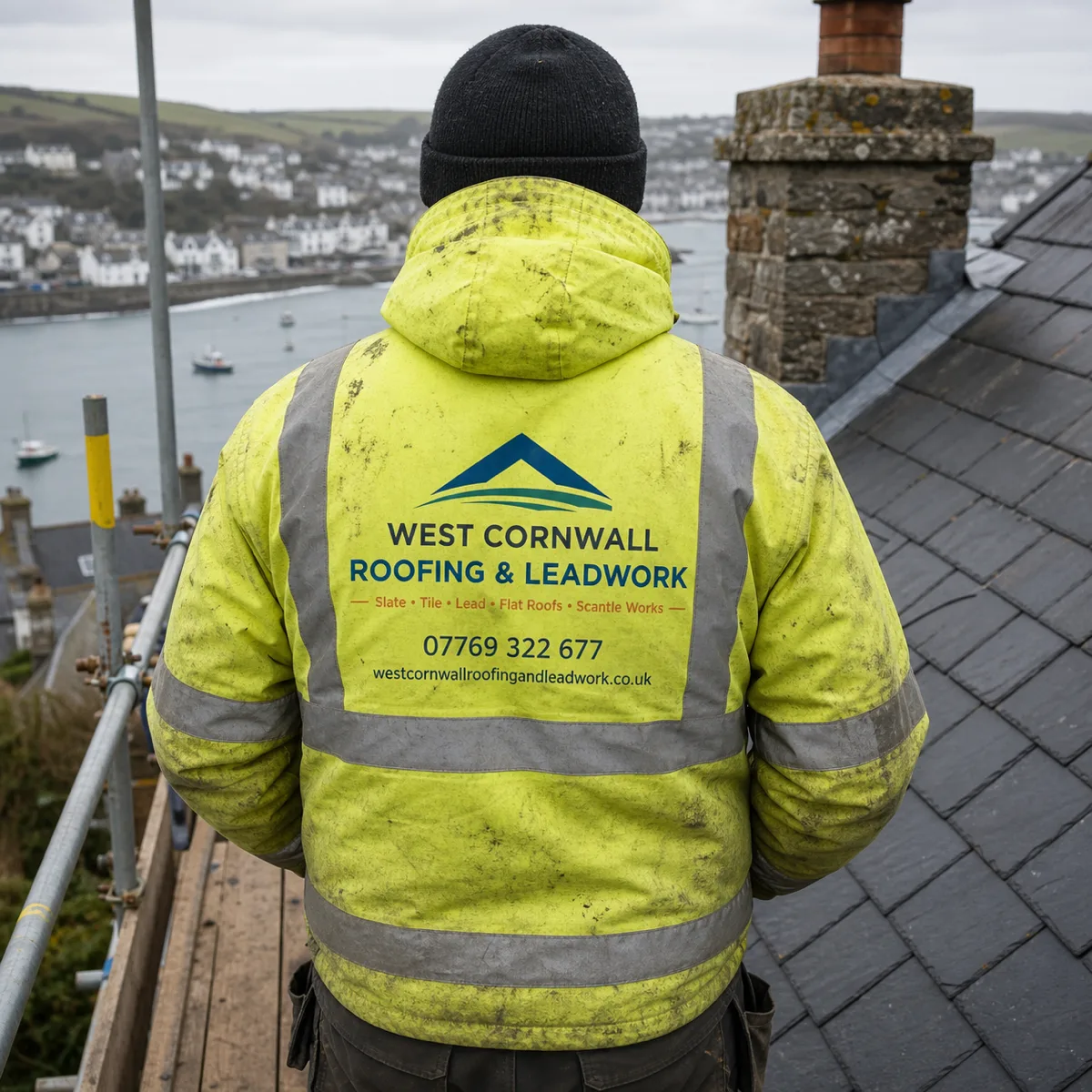 Roofer in branded West Cornwall Roofing & Leadwork hi-vis on a scaffold above a Cornish harbour town