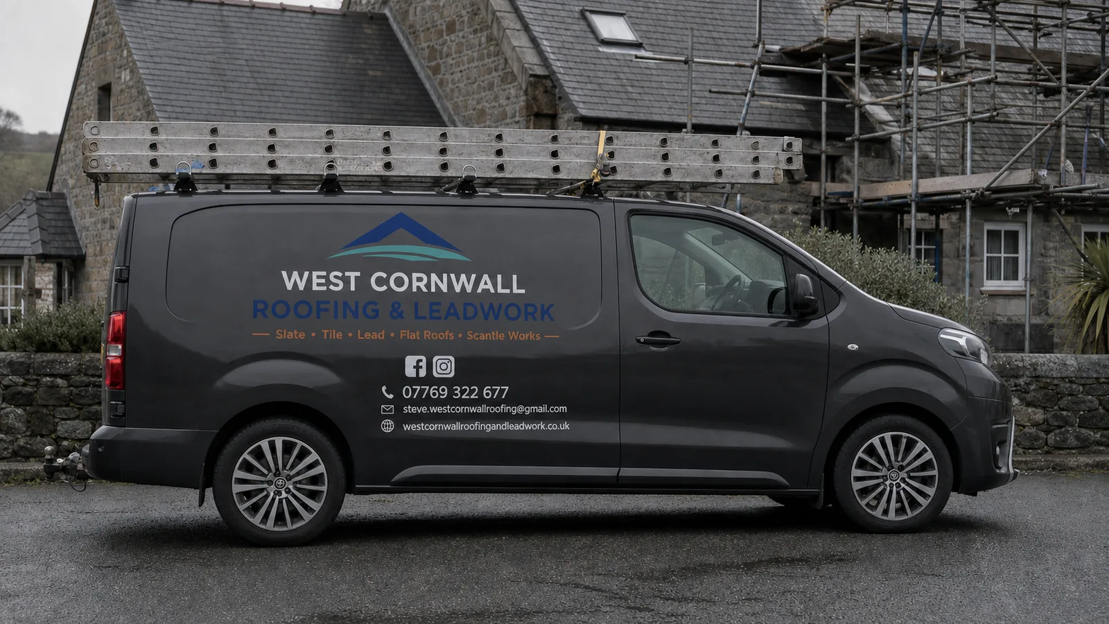 Sign-written West Cornwall Roofing & Leadwork van with roof ladders outside a slate-roofed Cornish property
