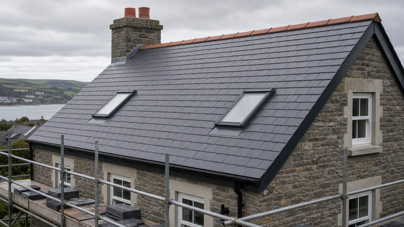 Finished slate roof with leadwork detailing in West Cornwall